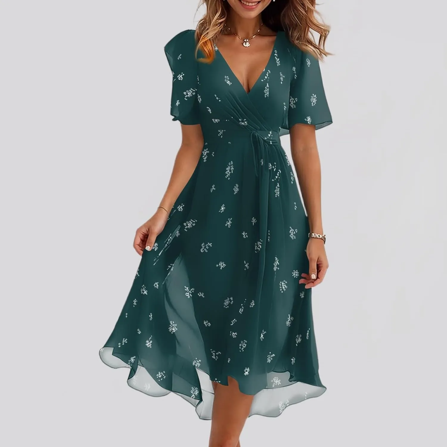 HAVUITYY Women's Chiffon Midi Dress 2025 Summer Spring Wedding Guest Party Short Sleeve Casual Flowy V-Neck A-Line Dress