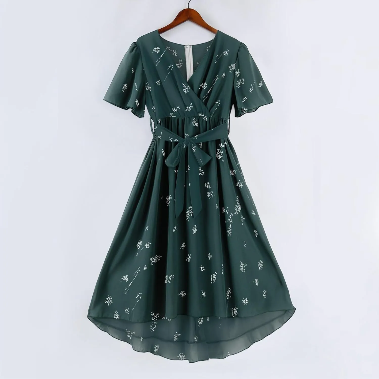 HAVUITYY Women's Chiffon Midi Dress 2025 Summer Spring Wedding Guest Party Short Sleeve Casual Flowy V-Neck A-Line Dress