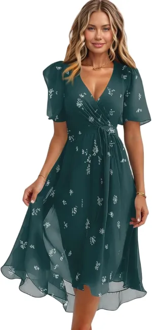 HAVUITYY Women's Chiffon Midi Dress 2025 Summer Spring Wedding Guest Party Short Sleeve Casual Flowy V-Neck A-Line Dress