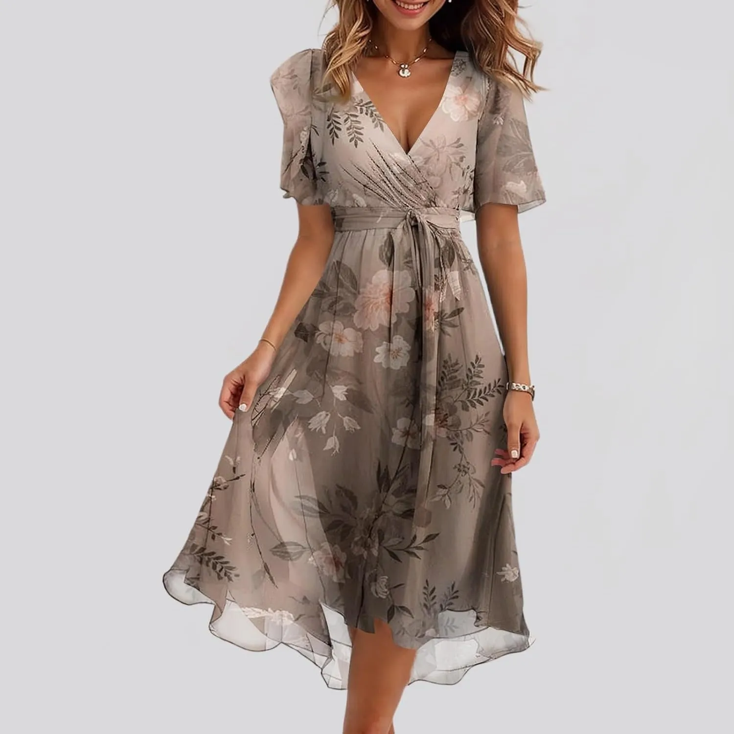 HAVUITYY Women's Chiffon Midi Dress 2025 Summer Spring Wedding Guest Party Short Sleeve Casual Flowy V-Neck A-Line Dress