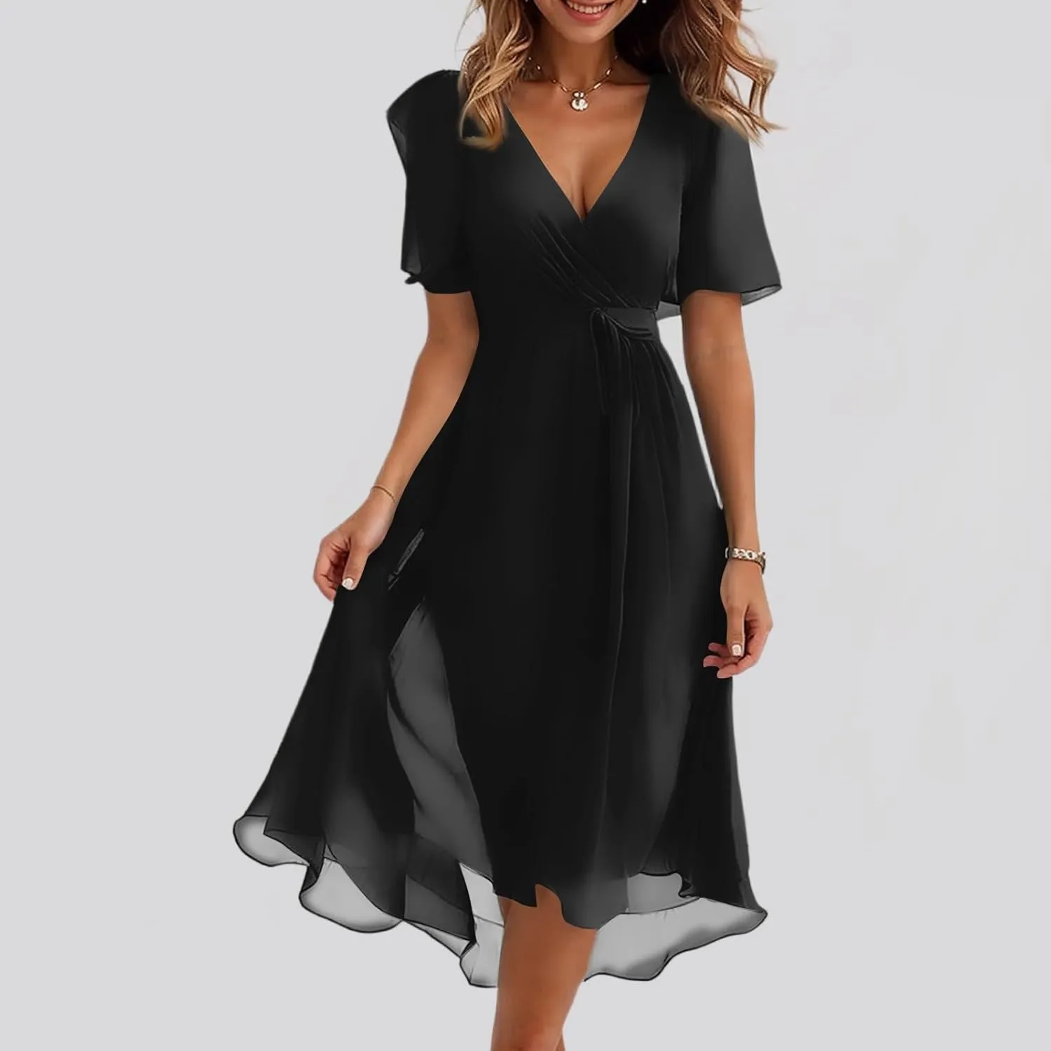 HAVUITYY Women's Chiffon Midi Dress 2025 Summer Spring Wedding Guest Party Short Sleeve Casual Flowy V-Neck A-Line Dress
