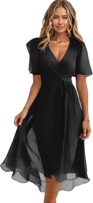 HAVUITYY Women's Chiffon Midi Dress 2025 Summer Spring Wedding Guest Party Short Sleeve Casual Flowy V-Neck A-Line Dress