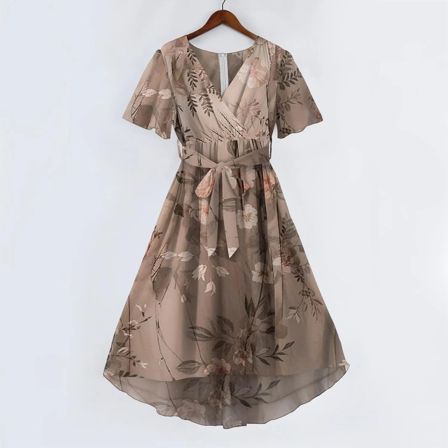 HAVUITYY Women's Chiffon Midi Dress 2025 Summer Spring Wedding Guest Party Short Sleeve Casual Flowy V-Neck A-Line Dress