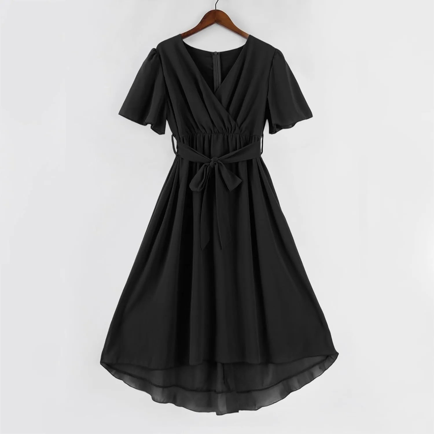 HAVUITYY Women's Chiffon Midi Dress 2025 Summer Spring Wedding Guest Party Short Sleeve Casual Flowy V-Neck A-Line Dress