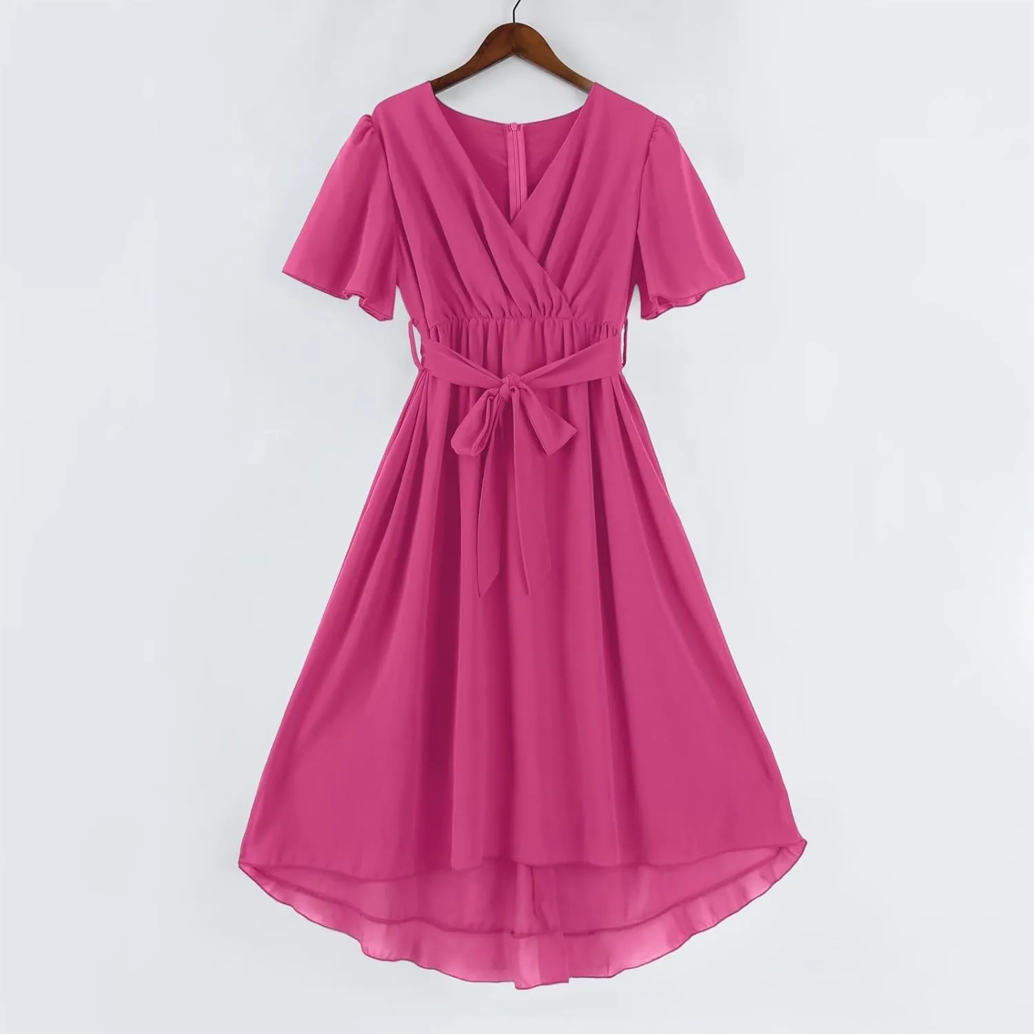 HAVUITYY Women's Chiffon Midi Dress 2025 Summer Spring Wedding Guest Party Short Sleeve Casual Flowy V-Neck A-Line Dress