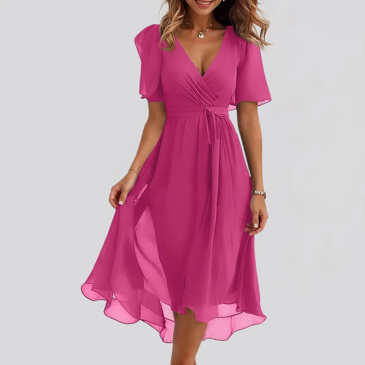 HAVUITYY Women's Chiffon Midi Dress 2025 Summer Spring Wedding Guest Party Short Sleeve Casual Flowy V-Neck A-Line Dress