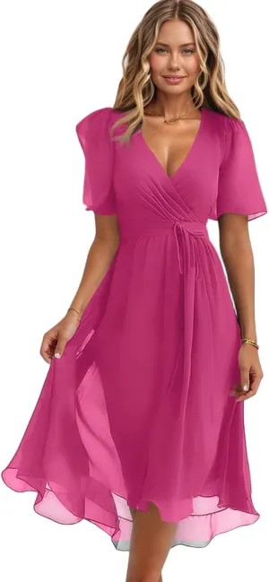 HAVUITYY Women's Chiffon Midi Dress 2025 Summer Spring Wedding Guest Party Short Sleeve Casual Flowy V-Neck A-Line Dress
