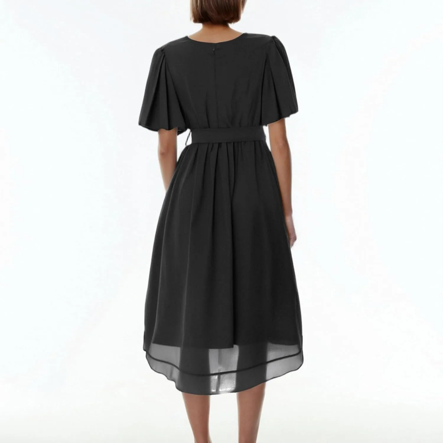 HAVUITYY Women's Chiffon Midi Dress 2025 Summer Spring Wedding Guest Party Short Sleeve Casual Flowy V-Neck A-Line Dress