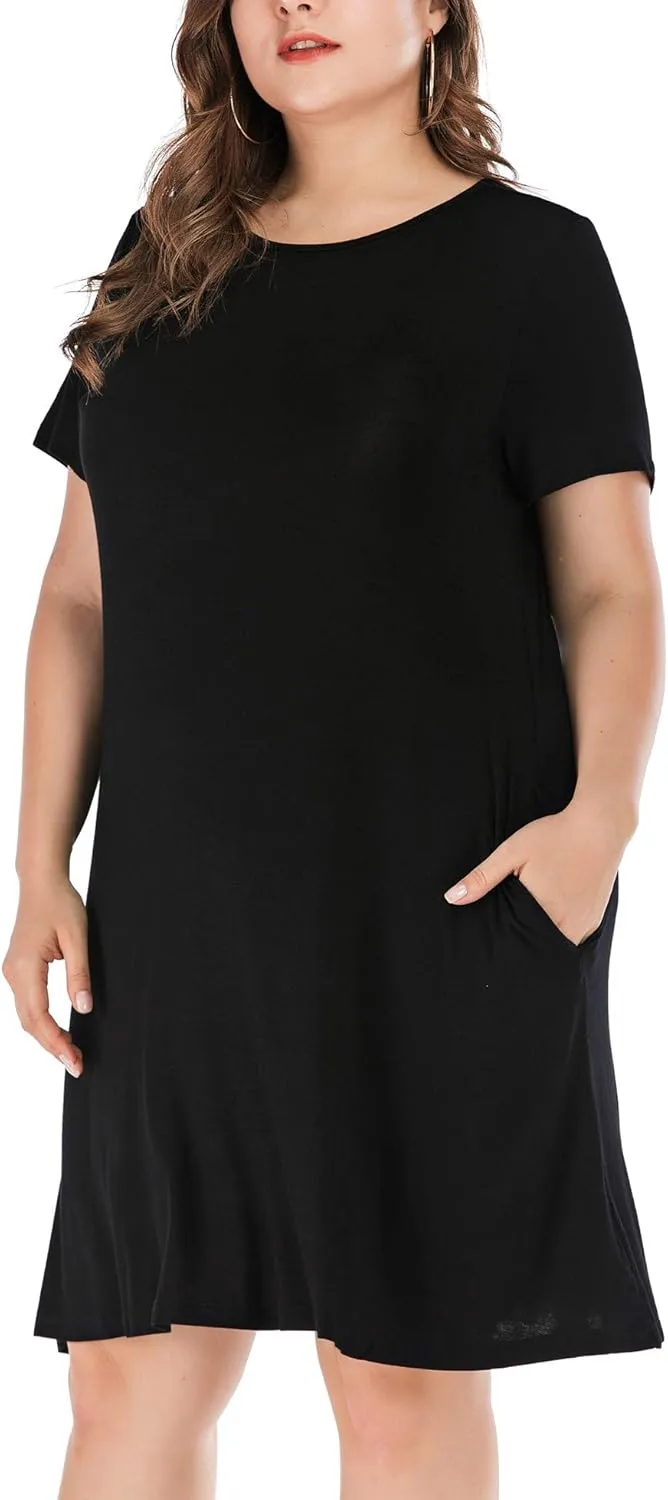 HBEYYTO Women's Plus Size Short Sleeve Loose Dress Casual Swing T Shirt Dresses with Pockets (XL-5XL)