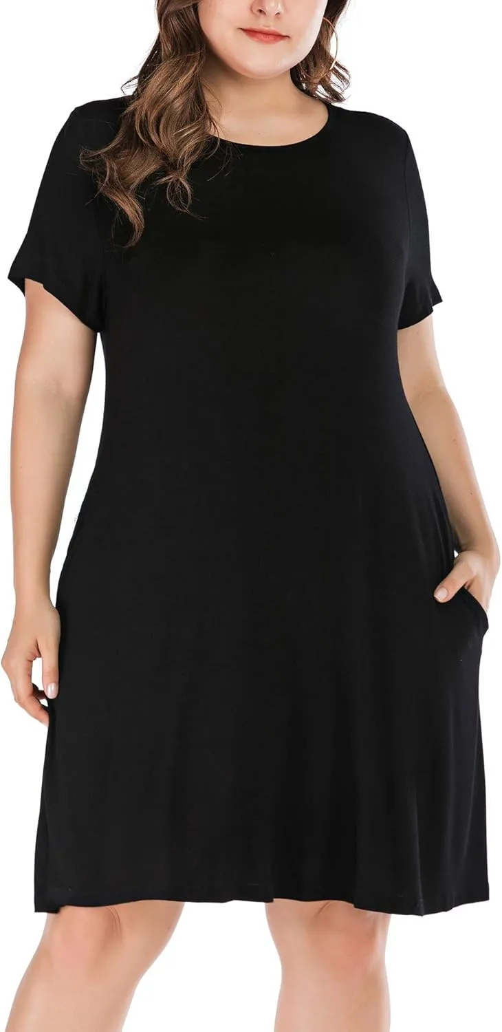HBEYYTO Women's Plus Size Short Sleeve Loose Dress Casual Swing T Shirt Dresses with Pockets (XL-5XL)