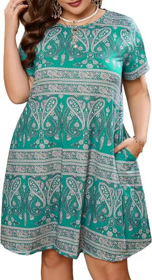 HBEYYTO Women's Plus Size Short Sleeve Loose Dress Casual Swing T Shirt Dresses with Pockets (XL-5XL)