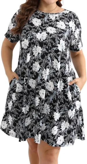HBEYYTO Women's Plus Size Short Sleeve Loose Dress Casual Swing T Shirt Dresses with Pockets (XL-5XL)