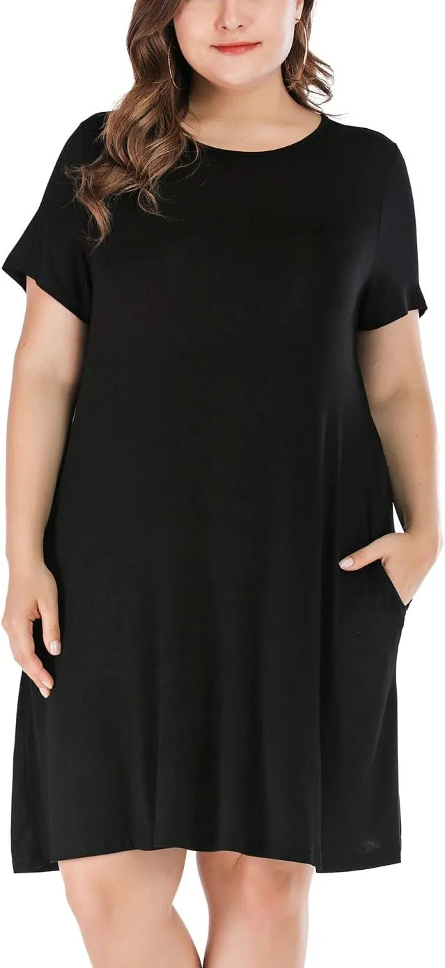 HBEYYTO Women's Plus Size Short Sleeve Loose Dress Casual Swing T Shirt Dresses with Pockets (XL-5XL)