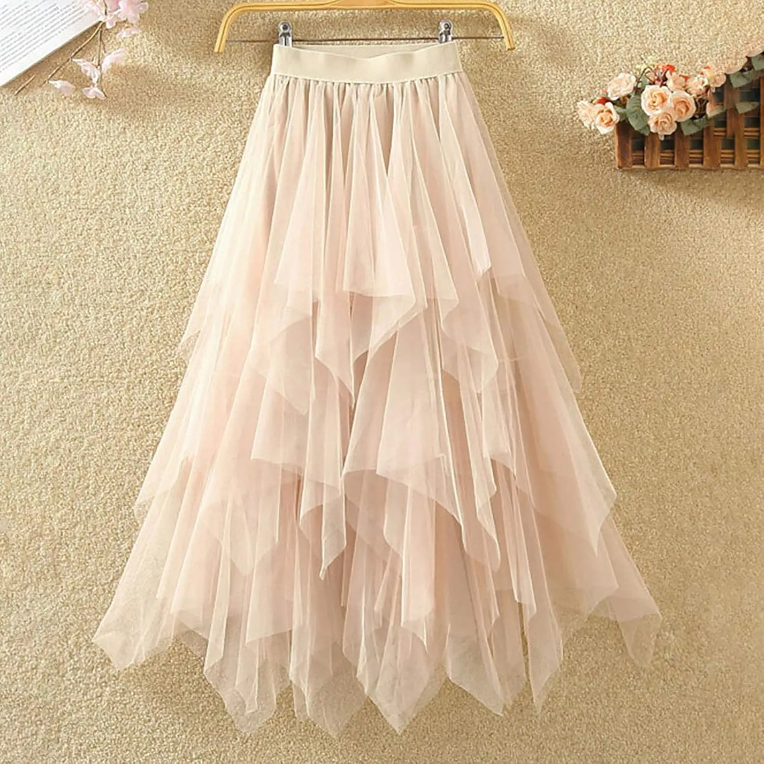 High Waisted Skirts for Women Flowy A-Line Maxi Length Bohemian Casual Skirt with Elastic Waist and Tiered Ruffles