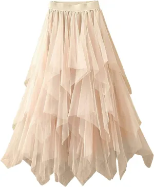 High Waisted Skirts for Women Flowy A-Line Maxi Length Bohemian Casual Skirt with Elastic Waist and Tiered Ruffles