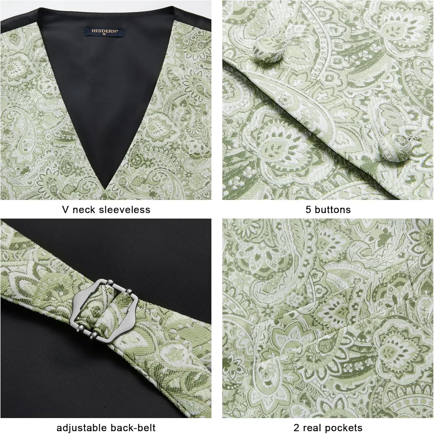 HISDERN Mens Vest Tie Set 3PC Formal Waistcoat Paisley Floral Jacquard Necktie Pocket Square Suit Vests Wedding Party