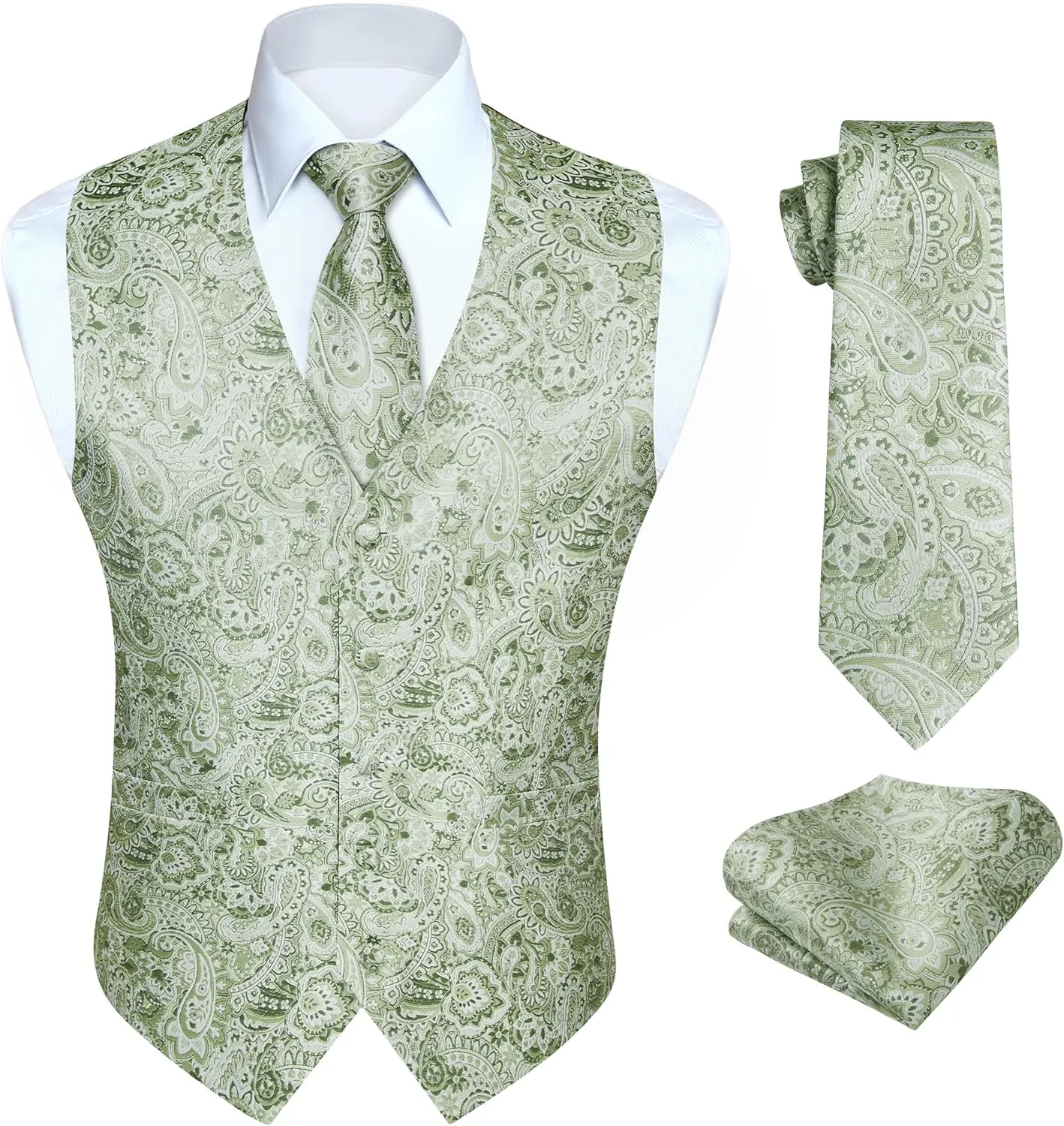HISDERN Mens Vest Tie Set 3PC Formal Waistcoat Paisley Floral Jacquard Necktie Pocket Square Suit Vests Wedding Party