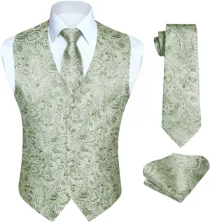 HISDERN Mens Vest Tie Set 3PC Formal Waistcoat Paisley Floral Jacquard Necktie Pocket Square Suit Vests Wedding Party