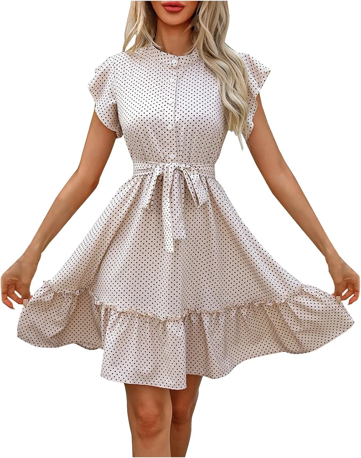 hlysgo Going Out Dresses for Women 2025 Summer Button Down V Neck Short Sleeve Mini Dress Casual A-Line Swing Ruffled Dress