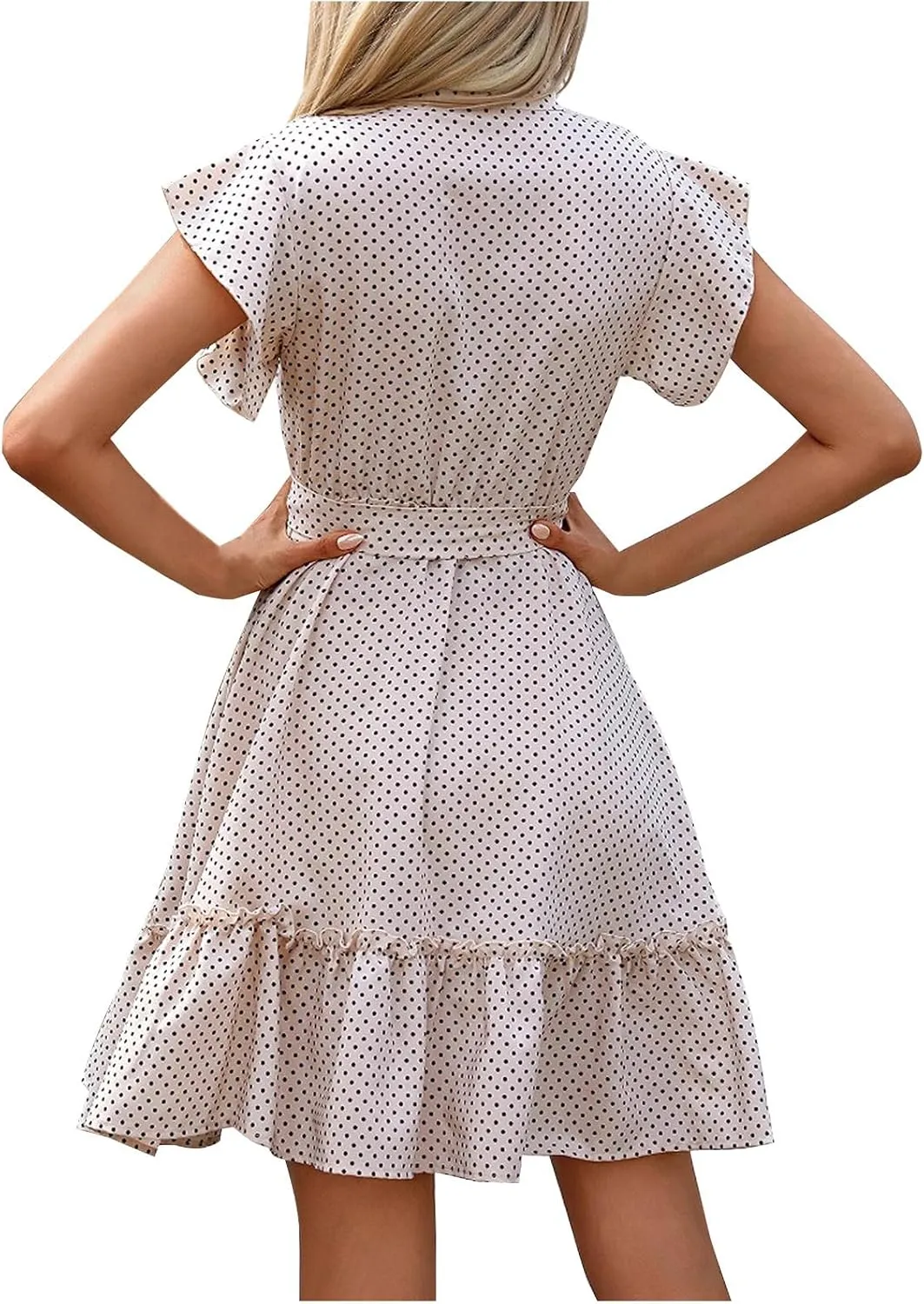 hlysgo Going Out Dresses for Women 2025 Summer Button Down V Neck Short Sleeve Mini Dress Casual A-Line Swing Ruffled Dress