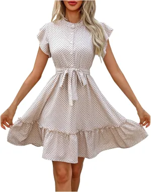 hlysgo Going Out Dresses for Women 2025 Summer Button Down V Neck Short Sleeve Mini Dress Casual A-Line Swing Ruffled Dress