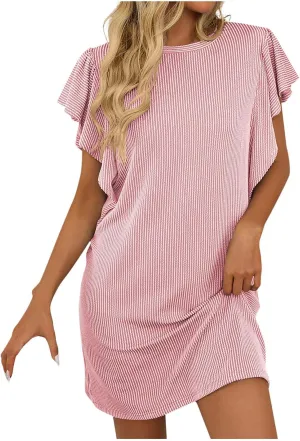 hlysgo Summer Dresses for Women 2025 Casual Loose Fit Short Sleeve Crew Mini Dresses Trendy Ladies Stripes Beach Dresses