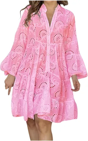 hlysgo Women's 2025 Casual Dress Eyelet Embroidery Mini Dresses Summer V-Neck Long Sleeve Boho Flowy Swing Dress for Ladies