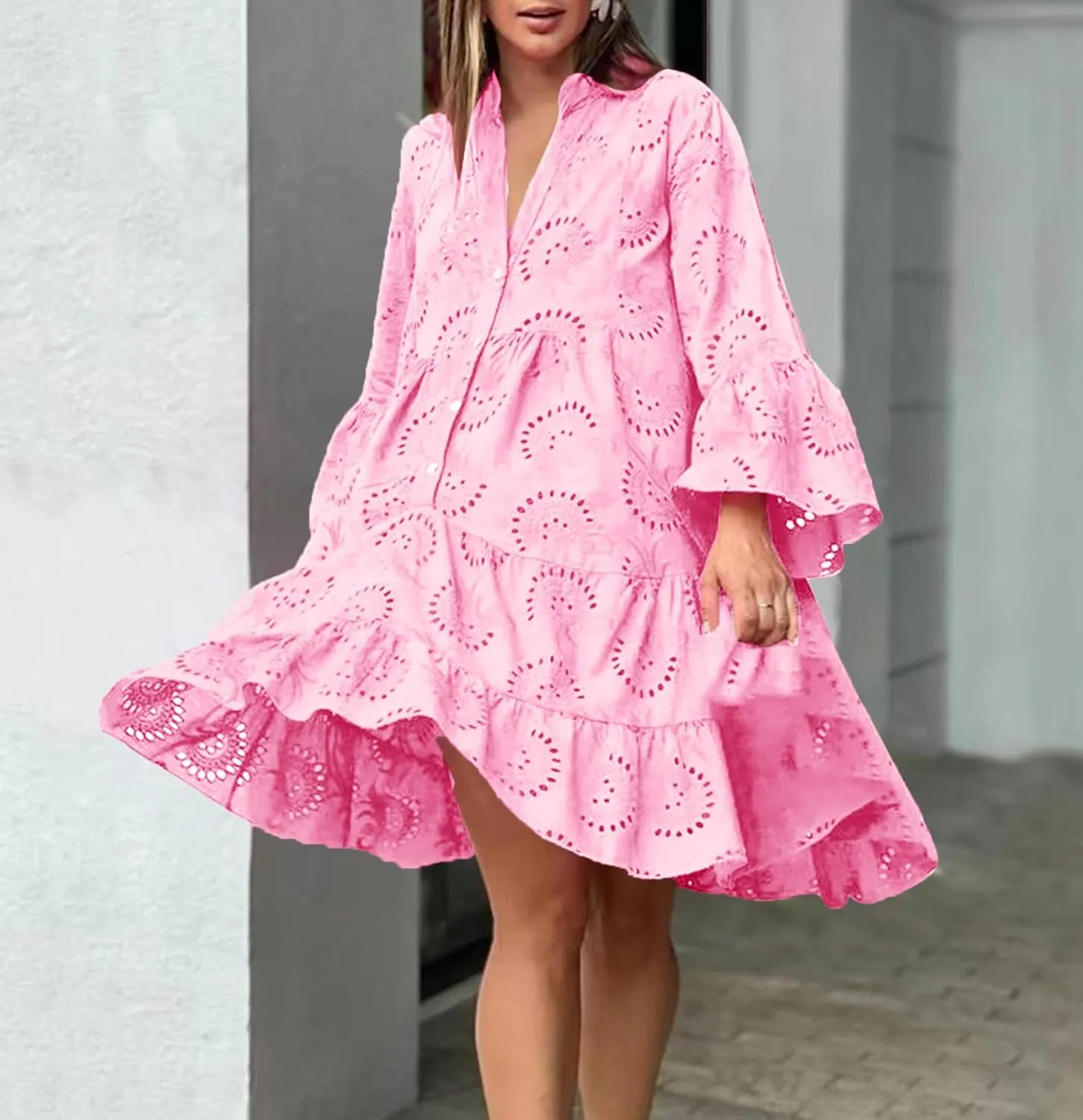 hlysgo Women's 2025 Casual Dress Eyelet Embroidery Mini Dresses Summer V-Neck Long Sleeve Boho Flowy Swing Dress for Ladies