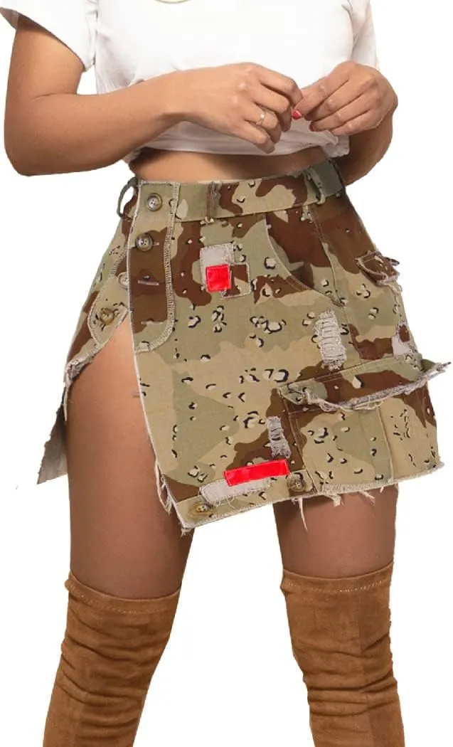 Hotmiss Camo Skirts for Women High Waisted Mini Skirt with Pocket Camouflage Skirt with Split