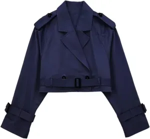 HOULENGS Cropped Trench Coat for Women Casual Long Sleeve Motorcycle Jacket Double Breasted Pea Coat Outwear with Belt