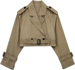 HOULENGS Cropped Trench Coat for Women Casual Long Sleeve Motorcycle Jacket Double Breasted Pea Coat Outwear with Belt