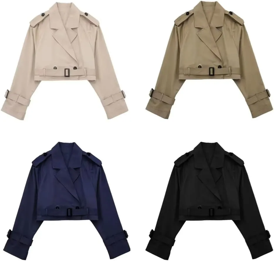 HOULENGS Cropped Trench Coat for Women Casual Long Sleeve Motorcycle Jacket Double Breasted Pea Coat Outwear with Belt