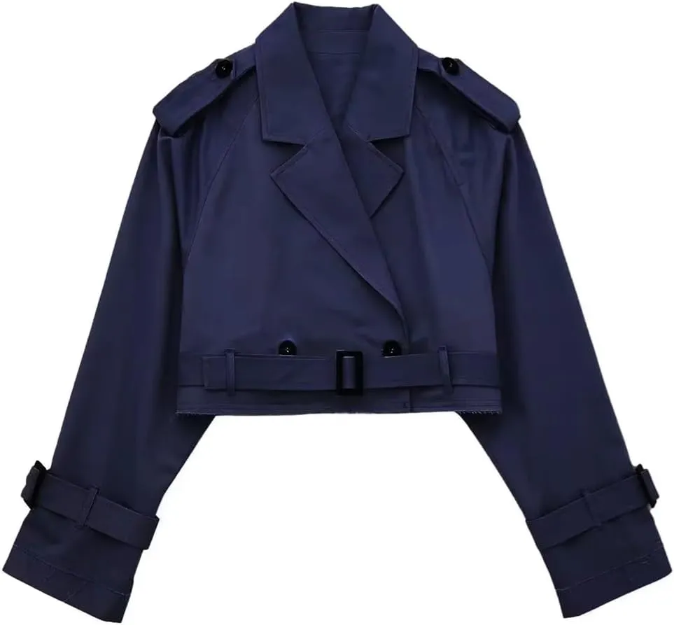 HOULENGS Cropped Trench Coat for Women Casual Long Sleeve Motorcycle Jacket Double Breasted Pea Coat Outwear with Belt