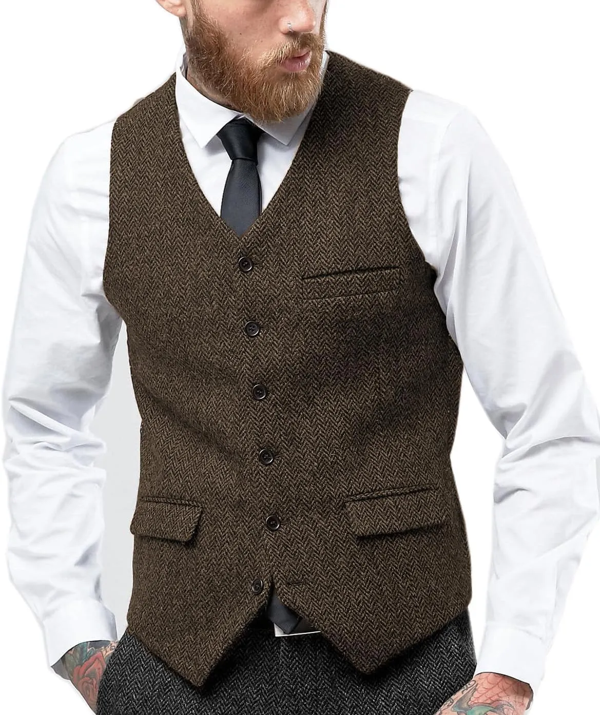 HSLS Mens Herringbone Suits Vests Wool Business Tweed Waistcoats Groomsman V-Neck Slim Fit(Large, Coffee)