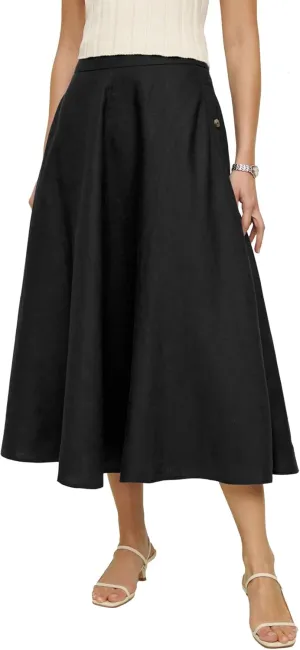 IDEALSANXUN Womens Cotton Linen Skirts Spring Summer A Line Pleated Maxi Midi Skirt with Pockets