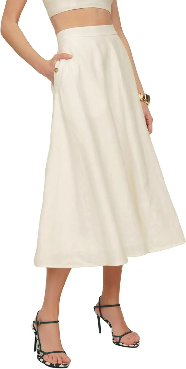 IDEALSANXUN Womens Cotton Linen Skirts Spring Summer A Line Pleated Maxi Midi Skirt with Pockets