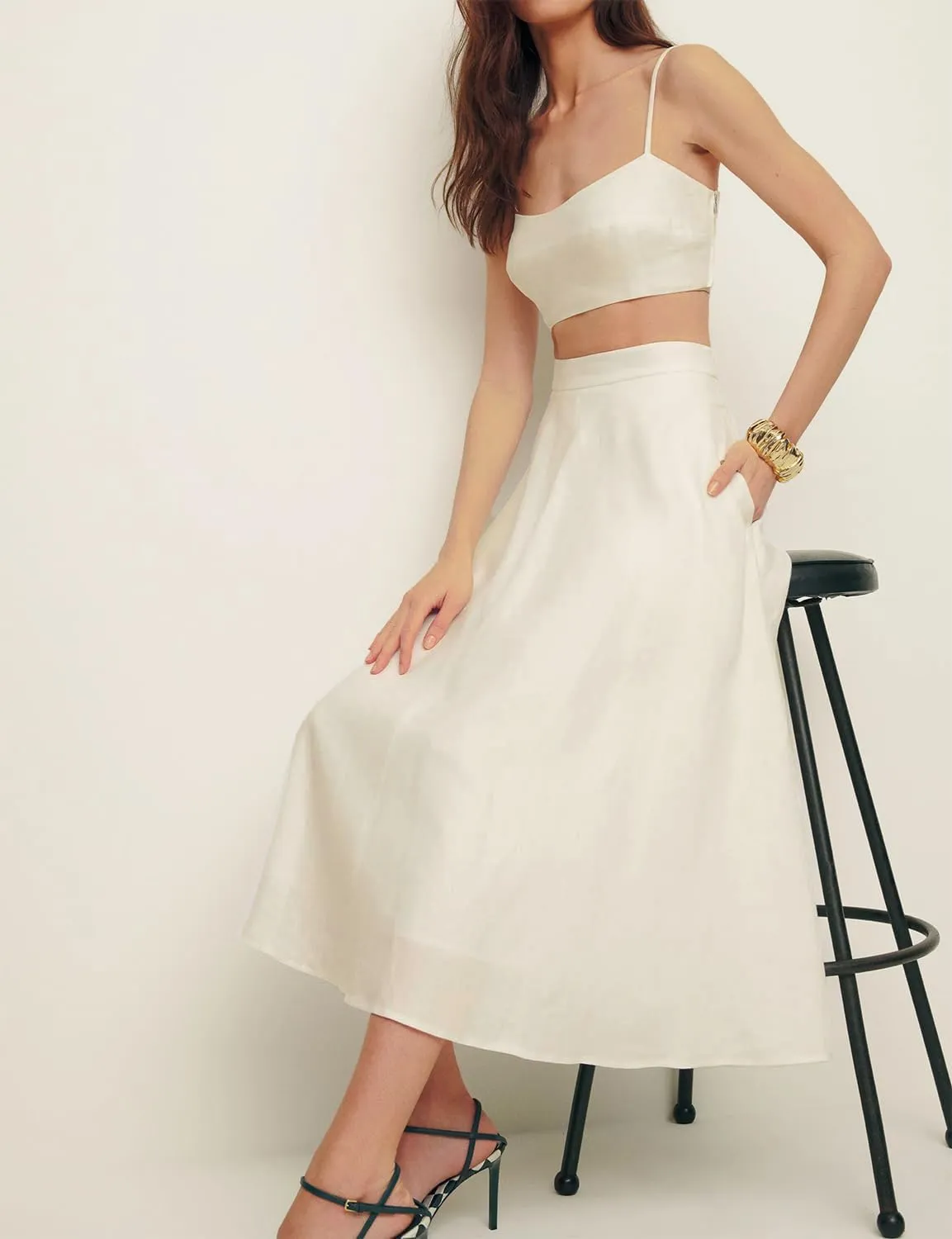 IDEALSANXUN Womens Cotton Linen Skirts Spring Summer A Line Pleated Maxi Midi Skirt with Pockets