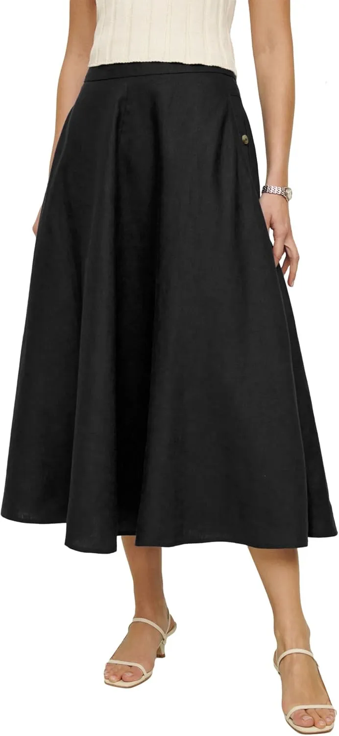 IDEALSANXUN Womens Cotton Linen Skirts Spring Summer A Line Pleated Maxi Midi Skirt with Pockets