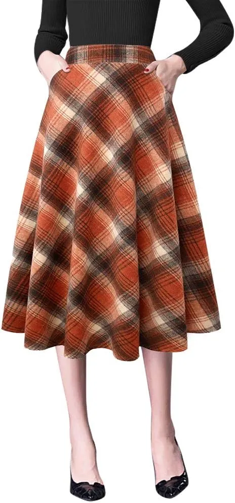 IDEALSANXUN Wool Skirts for Womens High Waist Aline Pleated Midi Skirts