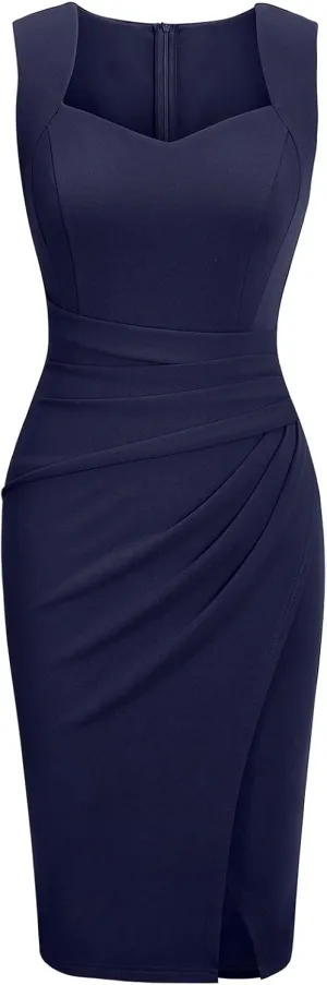 IHOT Women's Vintage Sweetheart V Neck Sleeveless Ruched Sheath Bodycon Faux Wrap Party Cocktail Work Dress