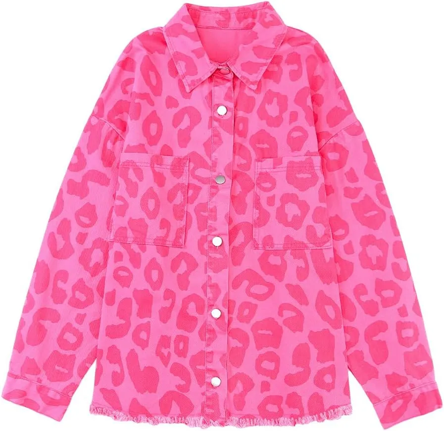 Irsutey Women's Leopard Print Denim Jacket Long Sleeved Front Button Up Long-Sleeved Jacket With Pockets