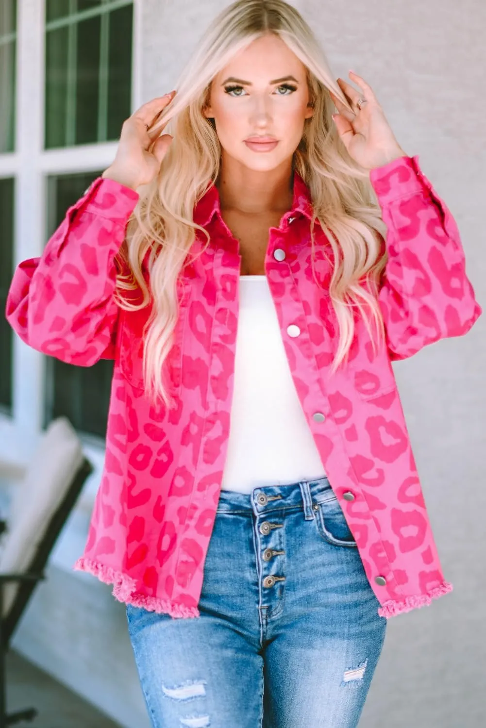 Irsutey Women's Leopard Print Denim Jacket Long Sleeved Front Button Up Long-Sleeved Jacket With Pockets