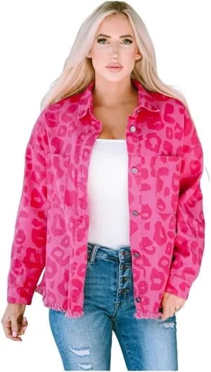 Irsutey Women's Leopard Print Denim Jacket Long Sleeved Front Button Up Long-Sleeved Jacket With Pockets