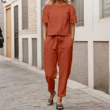 IVERIRMIN Women's Two Piece Lounge Cotton Linen Matching Sets Casual Short Sleeve Tops Tapered Pants Suits 2 Piece Outfits
