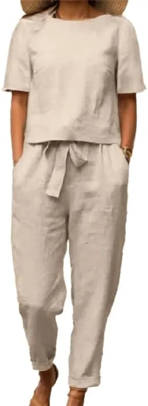 IVERIRMIN Women's Two Piece Lounge Cotton Linen Matching Sets Casual Short Sleeve Tops Tapered Pants Suits 2 Piece Outfits