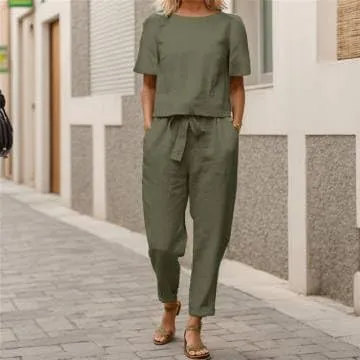 IVERIRMIN Women's Two Piece Lounge Cotton Linen Matching Sets Casual Short Sleeve Tops Tapered Pants Suits 2 Piece Outfits