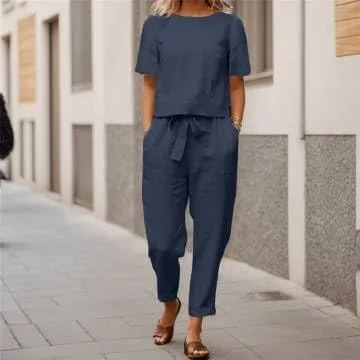 IVERIRMIN Women's Two Piece Lounge Cotton Linen Matching Sets Casual Short Sleeve Tops Tapered Pants Suits 2 Piece Outfits