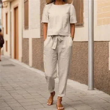 IVERIRMIN Women's Two Piece Lounge Cotton Linen Matching Sets Casual Short Sleeve Tops Tapered Pants Suits 2 Piece Outfits