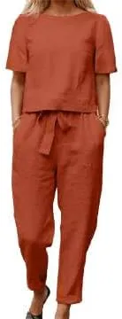 IVERIRMIN Women's Two Piece Lounge Cotton Linen Matching Sets Casual Short Sleeve Tops Tapered Pants Suits 2 Piece Outfits