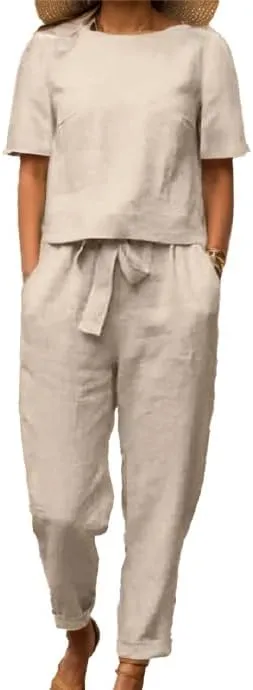 IVERIRMIN Women's Two Piece Lounge Cotton Linen Matching Sets Casual Short Sleeve Tops Tapered Pants Suits 2 Piece Outfits